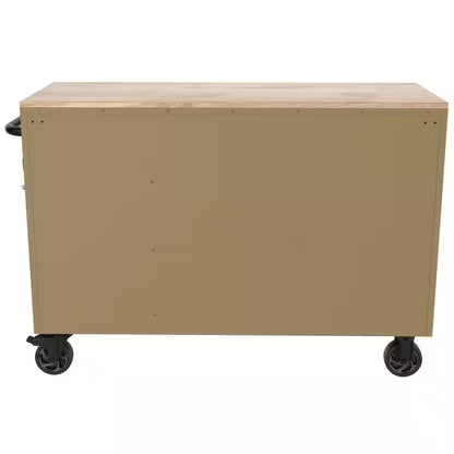 Standard-Duty 52 In. W 10-Drawer Matte Tan Mobile Workbench Cabinet with Solid Wood Top