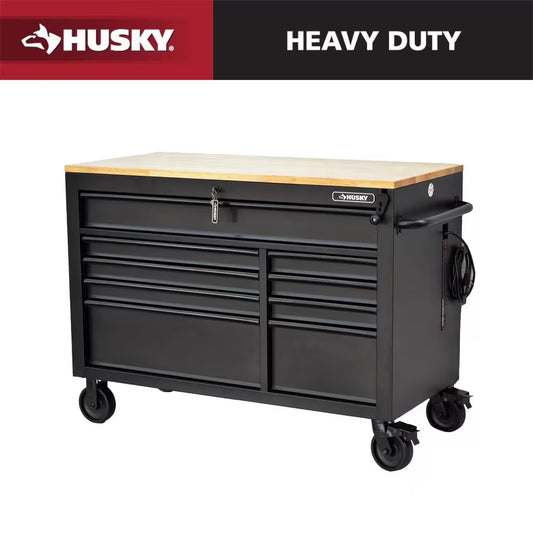 52 In. W X 25 In. D Heavy Duty 9-Drawer Mobile Workbench Cabinet with Adjustable-Height Hardwood Top in Matte Black
