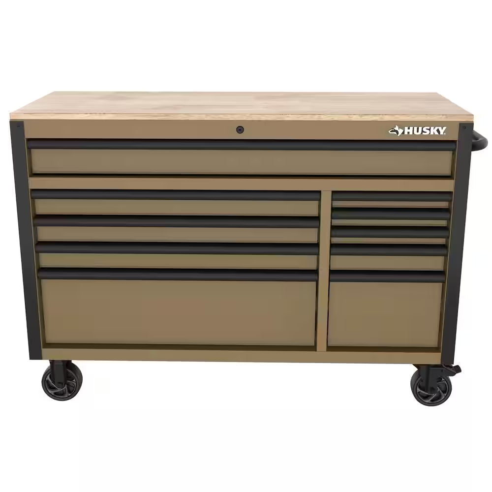 Standard-Duty 52 In. W 10-Drawer Matte Tan Mobile Workbench Cabinet with Solid Wood Top