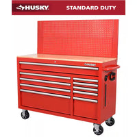 52 In. W 10-Drawer Gloss Red Mobile Workbench Cabinet with Solid Wood Top and Pegboard