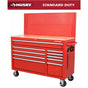 52 In. W 10-Drawer Gloss Red Mobile Workbench Cabinet with Solid Wood Top and Pegboard