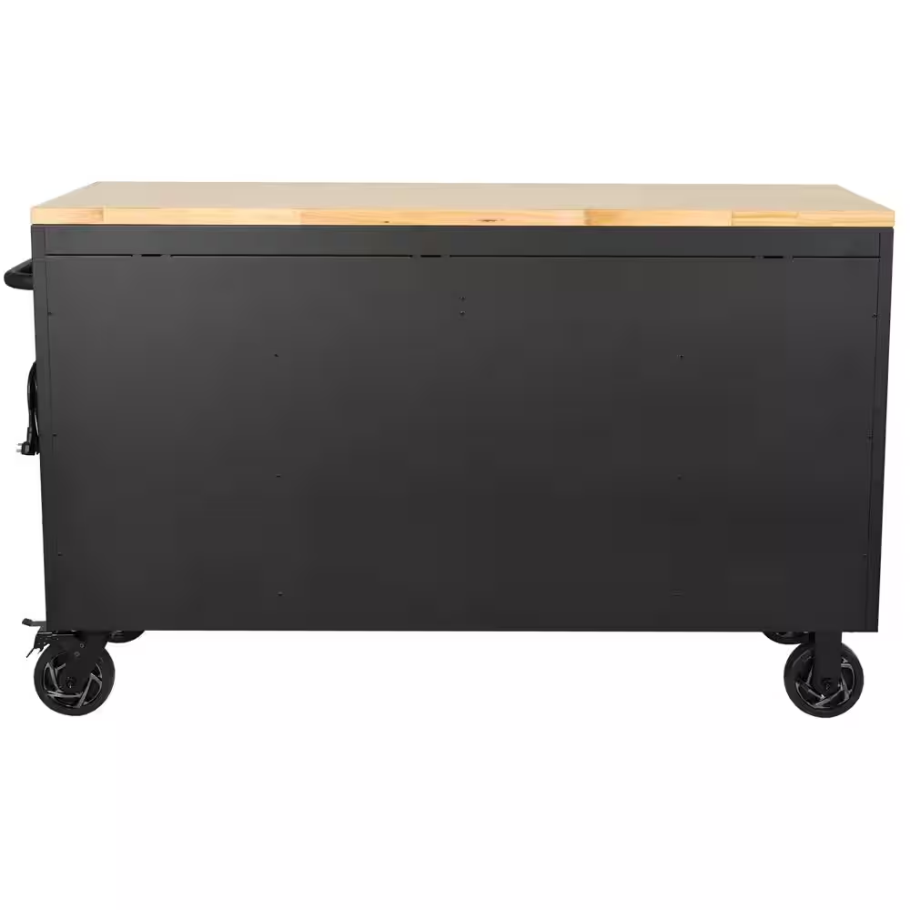 61 In. W X 23 In. D Heavy Duty 15-Drawer Mobile Workbench Tool Chest with Solid Wood Top in Matte Black