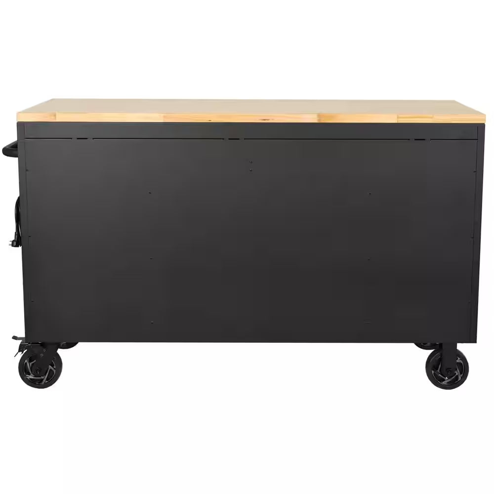 61 In. W X 23 In. D Heavy Duty 15-Drawer Mobile Workbench Tool Chest with Solid Wood Top in Matte Black