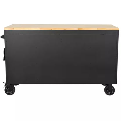 61 In. W X 23 In. D Heavy Duty 15-Drawer Mobile Workbench Tool Chest with Solid Wood Top in Matte Black