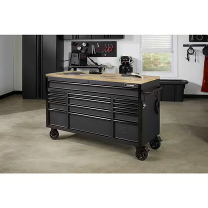 61 In. W X 23 In. D Heavy Duty 15-Drawer Mobile Workbench Tool Chest with Solid Wood Top in Matte Black