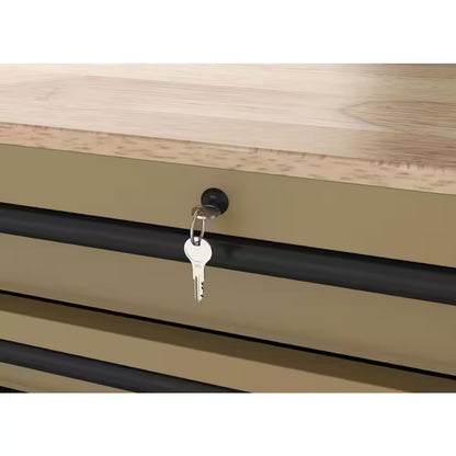 Standard-Duty 52 In. W 10-Drawer Matte Tan Mobile Workbench Cabinet with Solid Wood Top