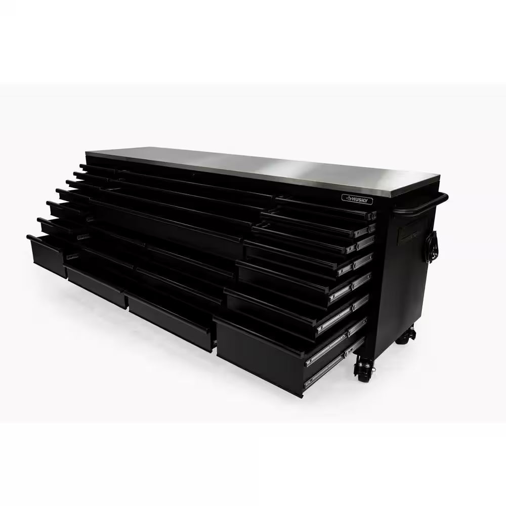 Tool Storage Heavy Duty 96 In. W X 24 In. D Matte Black Mobile Workbench Cabinet with Stainless Steel Top