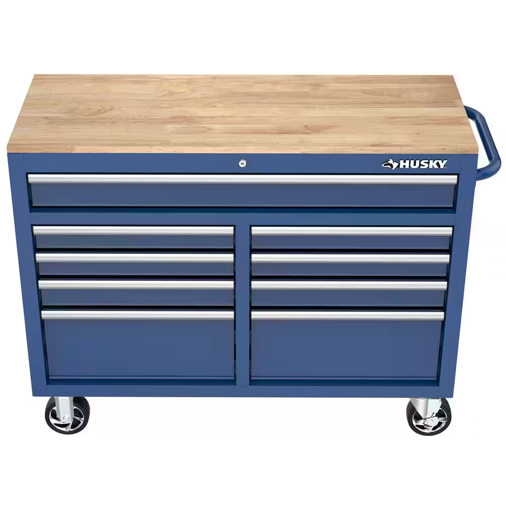 Tool Storage 46 In. W X 18 In. D 9-Drawer Gloss Blue Mobile Workbench Cabinet