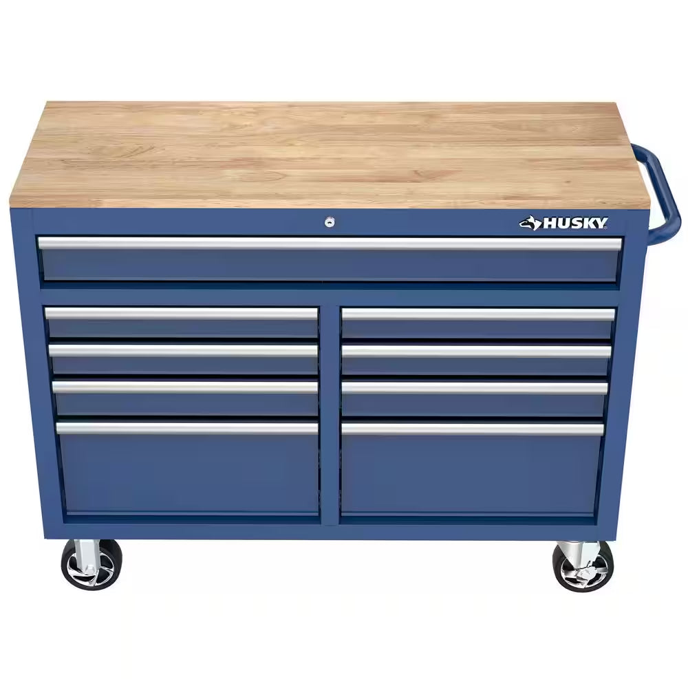 Tool Storage 46 In. W X 18 In. D 9-Drawer Gloss Blue Mobile Workbench Cabinet
