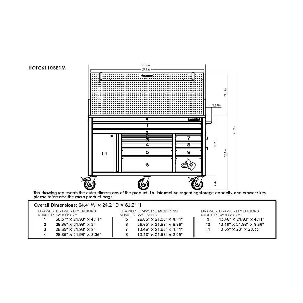 61 In. W X 26 In. D Heavy Duty 10-Drawer 1-Door Mobile Workbench with Hardwood Top, Pegboard and Shelf in Matte Black