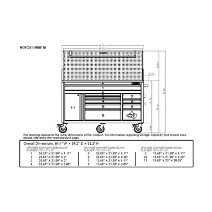 61 In. W X 26 In. D Heavy Duty 10-Drawer 1-Door Mobile Workbench with Hardwood Top, Pegboard and Shelf in Matte Black