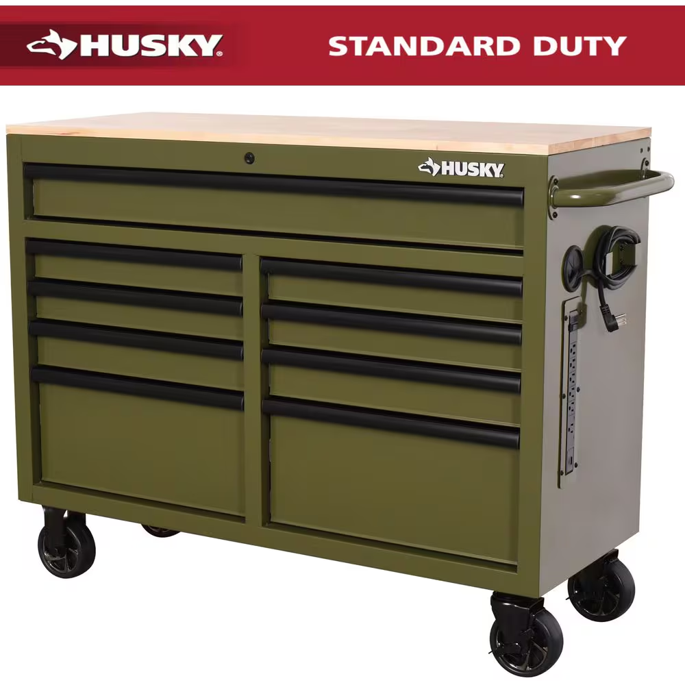Standard Duty 46 In. W X 18 In. D 9-Drawer Gloss Tan Mobile Workbench Cabinet with Solid Wood Top