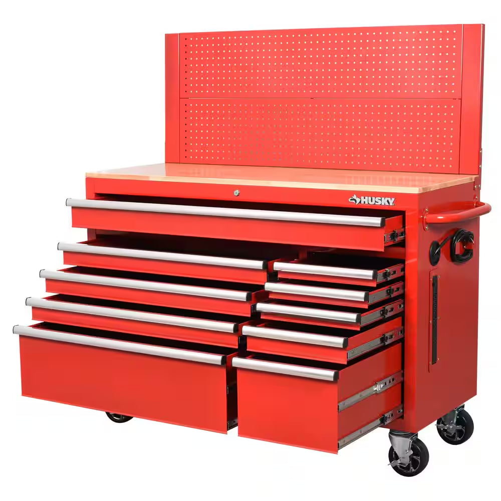 52 In. W 10-Drawer Gloss Red Mobile Workbench Cabinet with Solid Wood Top and Pegboard