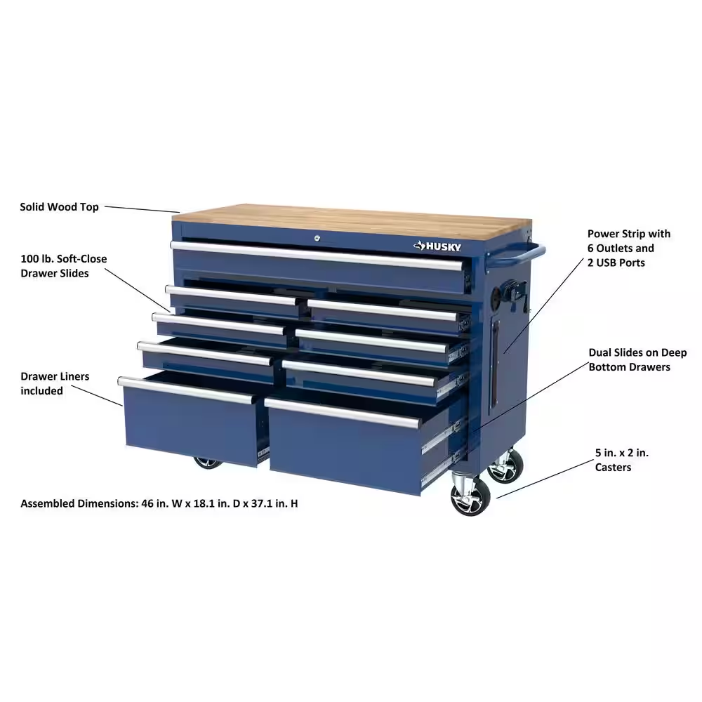 Tool Storage 46 In. W X 18 In. D 9-Drawer Gloss Blue Mobile Workbench Cabinet