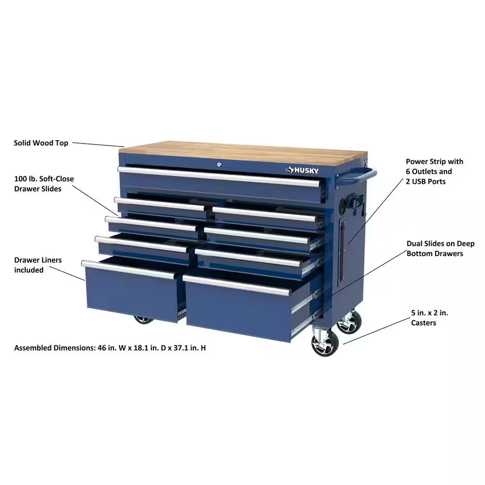 Tool Storage 46 In. W X 18 In. D 9-Drawer Gloss Blue Mobile Workbench Cabinet
