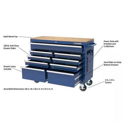 Tool Storage 46 In. W X 18 In. D 9-Drawer Gloss Blue Mobile Workbench Cabinet