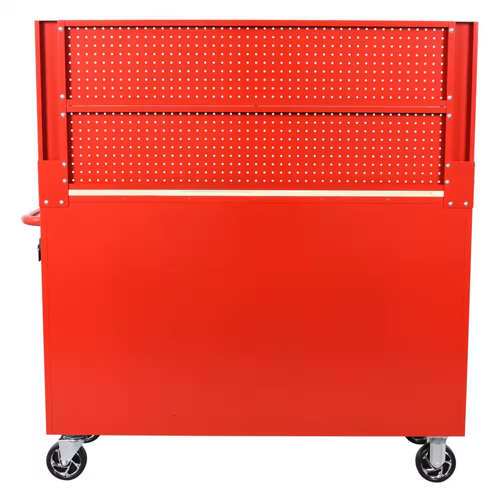 52 In. W 10-Drawer Gloss Red Mobile Workbench Cabinet with Solid Wood Top and Pegboard