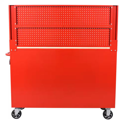52 In. W 10-Drawer Gloss Red Mobile Workbench Cabinet with Solid Wood Top and Pegboard
