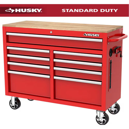Standard Duty 46 In. W X 18 In. D 9-Drawer Gloss Tan Mobile Workbench Cabinet with Solid Wood Top