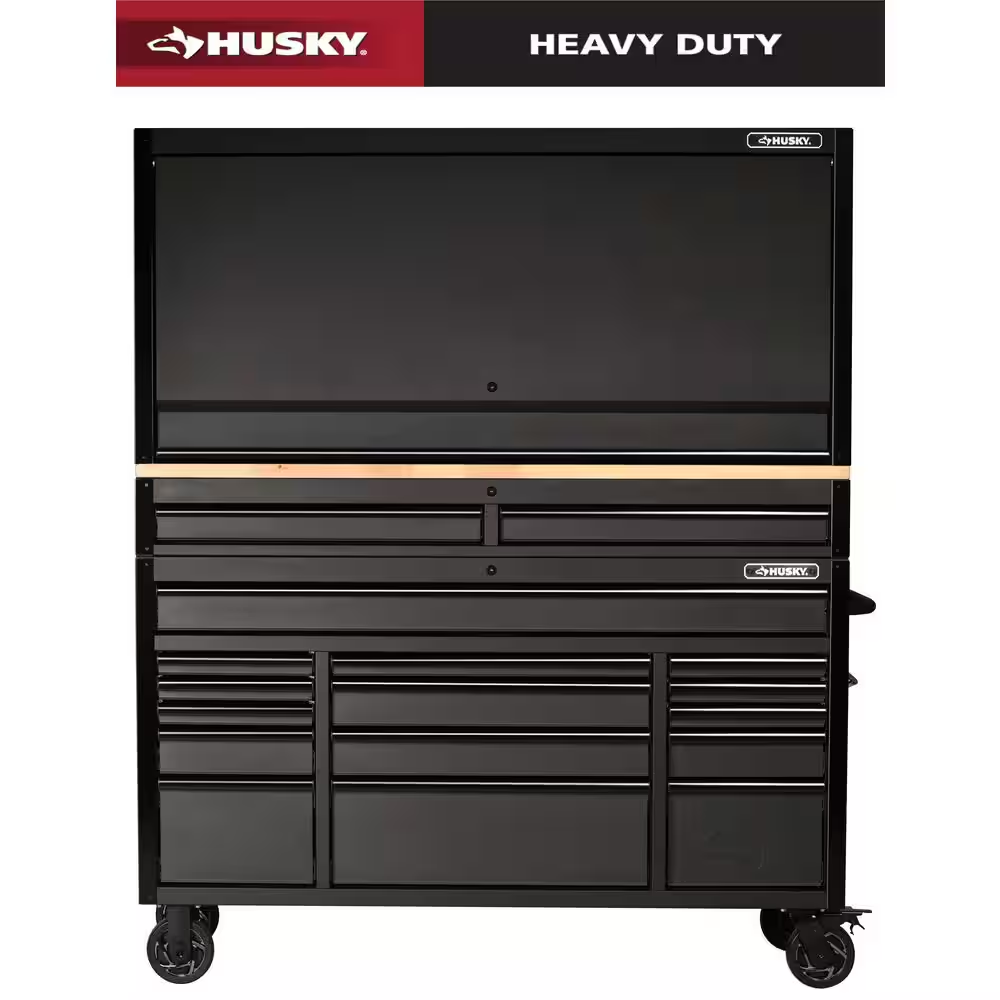 61 In. W X 23 In. D Heavy Duty 15-Drawer Mobile Workbench Tool Chest with Solid Wood Top in Matte Black