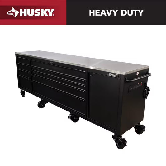 108 In. W X 24 In. D 9-Drawer Heavy-Duty Mobile Workbench with Stainless Steel Top in Matte Black