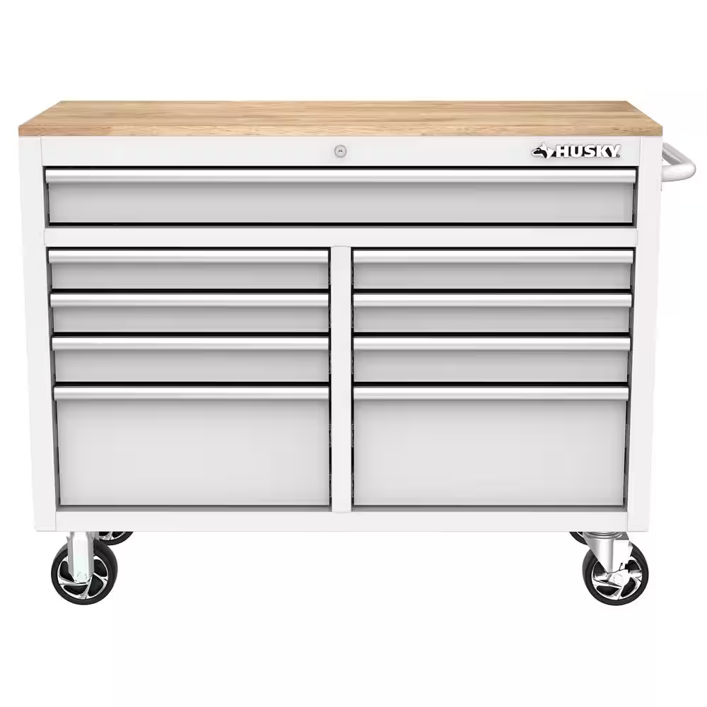 Tool Storage 46 In. W X 18 In. D 9-Drawer Gloss White Mobile Workbench Cabinet