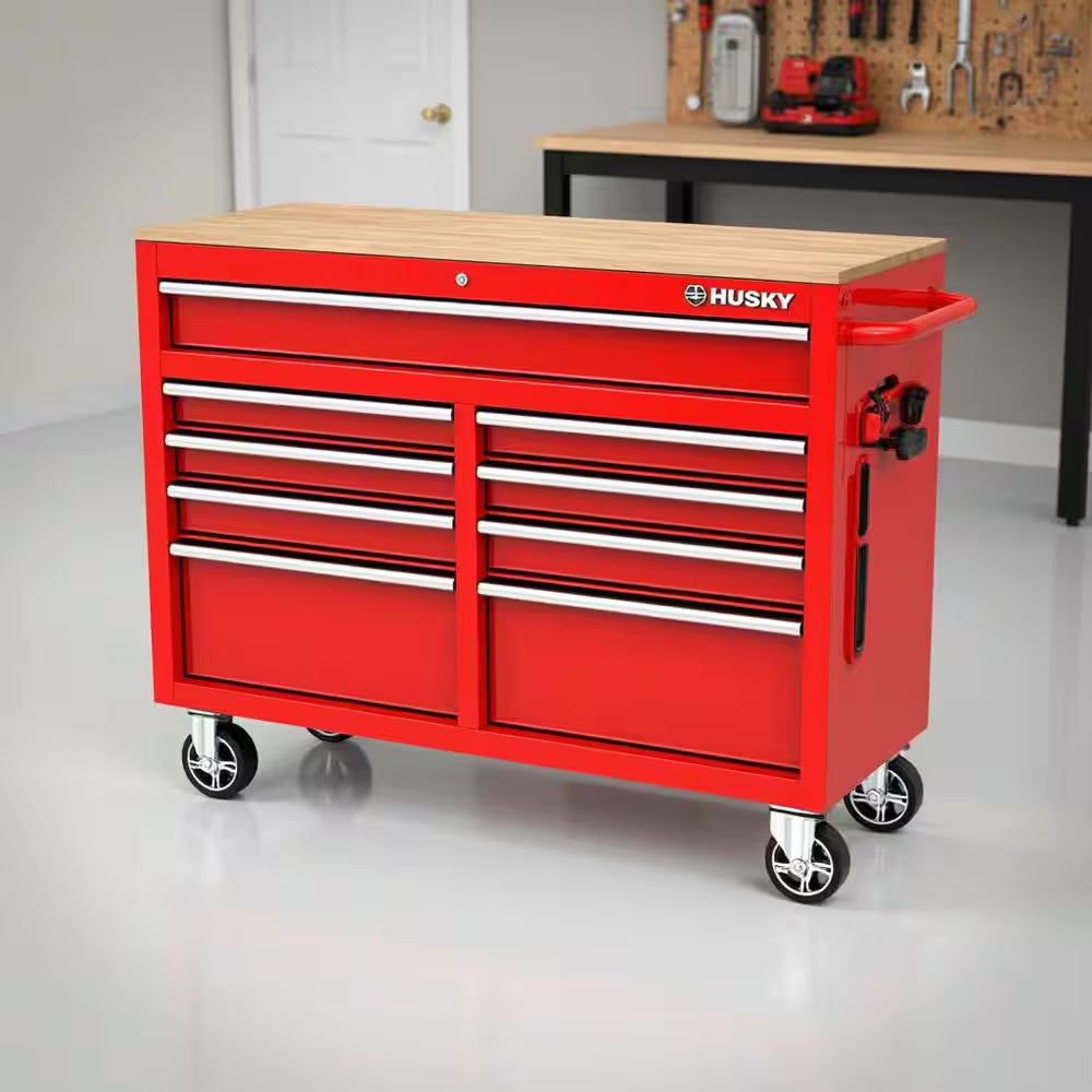 Tool Storage 46 In. W X 18 In. D 9-Drawer Gloss Red Mobile Workbench Cabinet