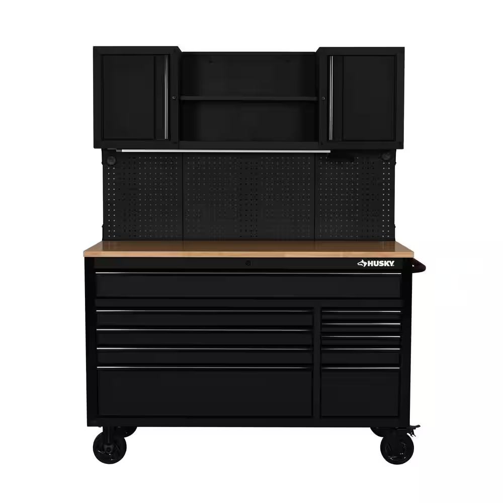 56 In. W X 27.6 In. D 10-Drawer Matte Black Heavy-Duty Mobile Workbench with Pegboard and Top Cabinets