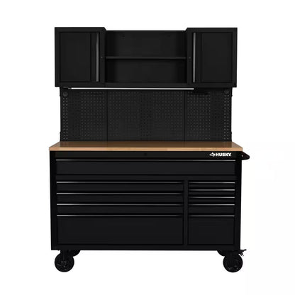 56 In. W X 27.6 In. D 10-Drawer Matte Black Heavy-Duty Mobile Workbench with Pegboard and Top Cabinets
