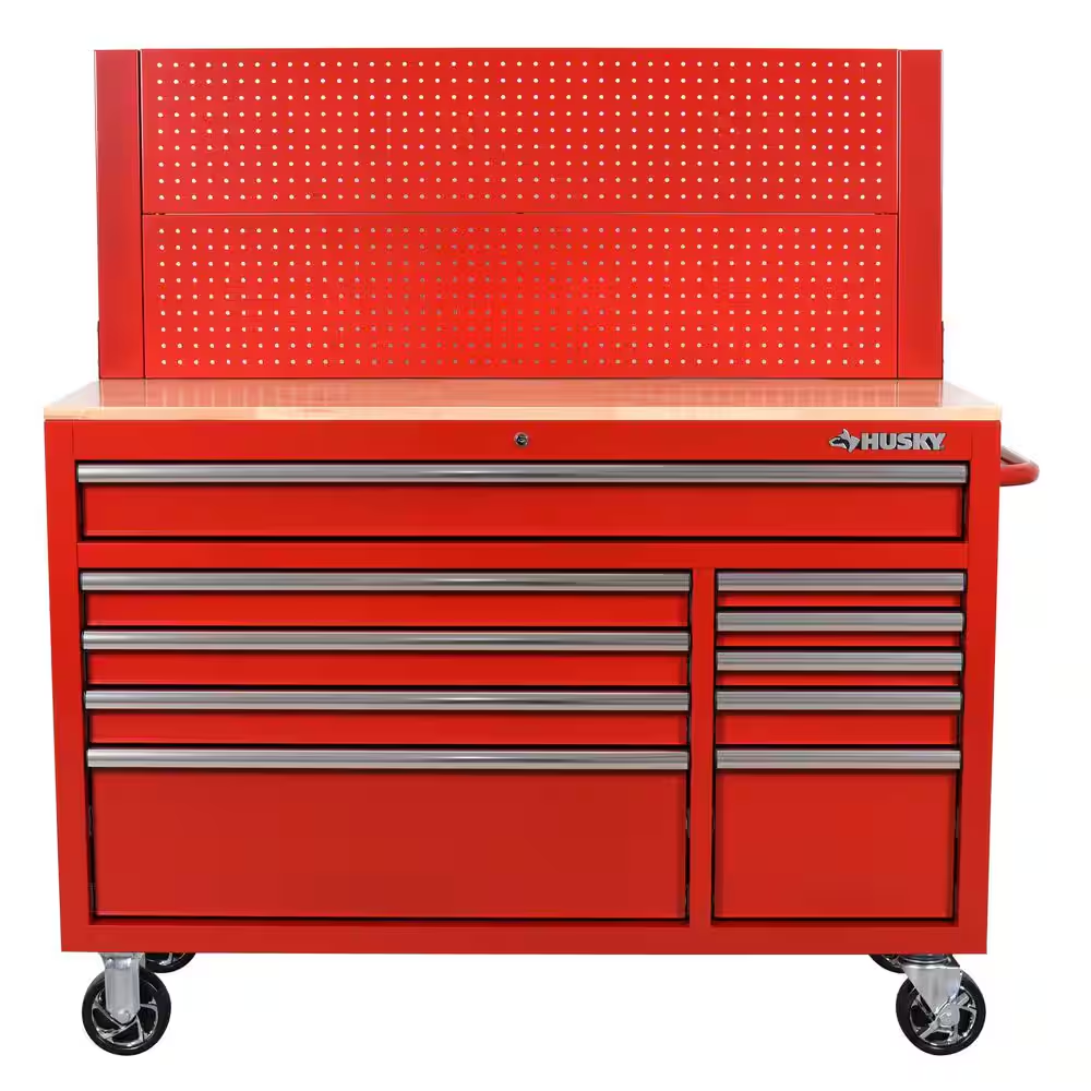 52 In. W 10-Drawer Gloss Red Mobile Workbench Cabinet with Solid Wood Top and Pegboard
