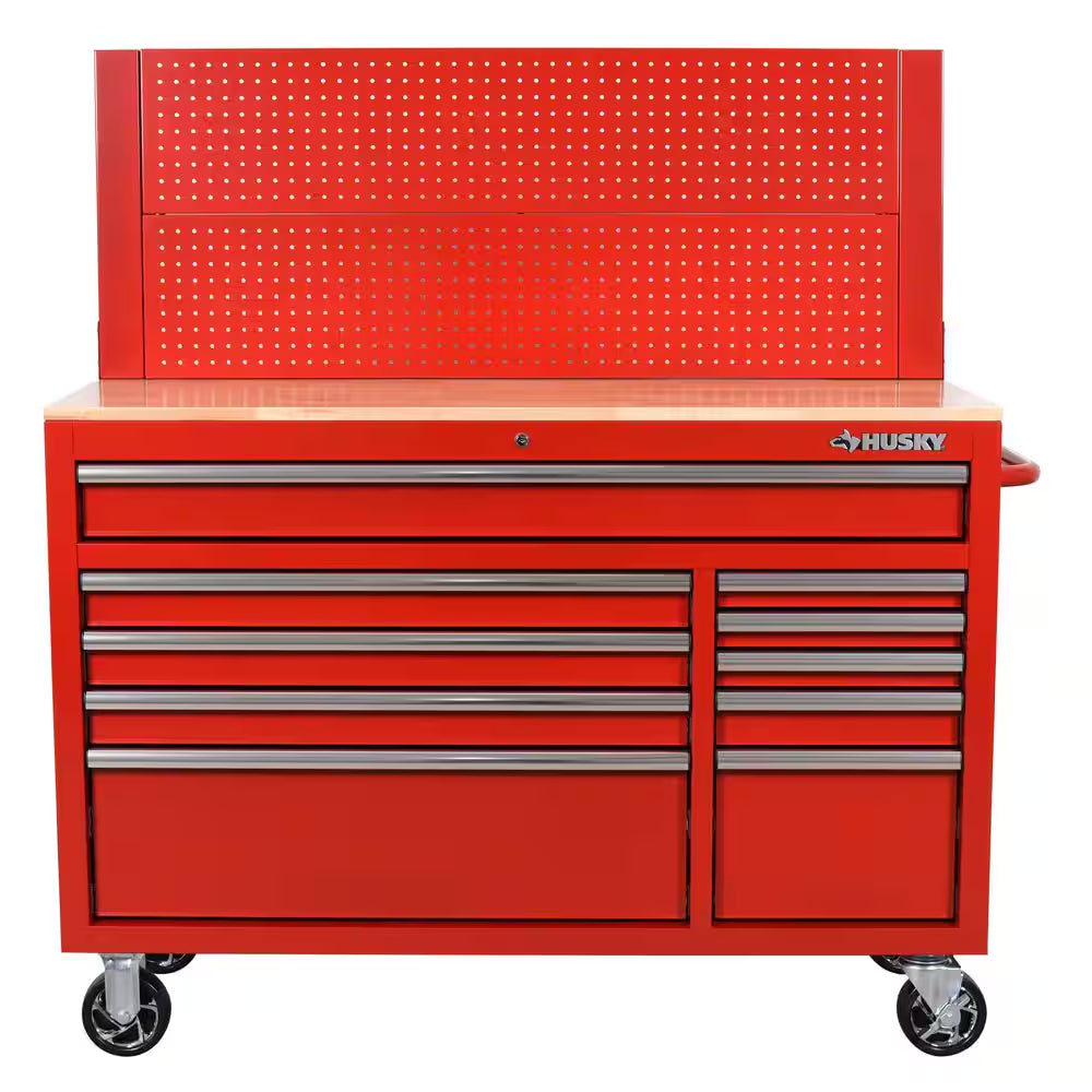 52 In. W 10-Drawer Gloss Red Mobile Workbench Cabinet with Solid Wood Top and Pegboard