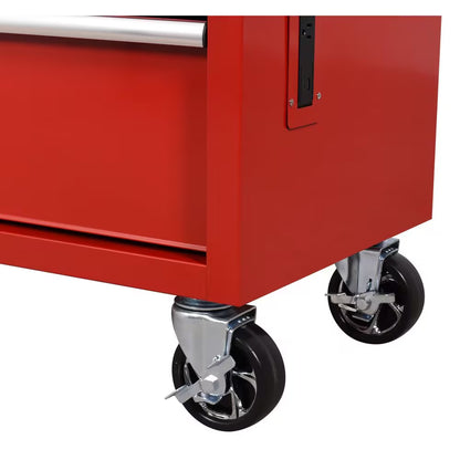 52 In. W 10-Drawer Gloss Red Mobile Workbench Cabinet with Solid Wood Top and Pegboard