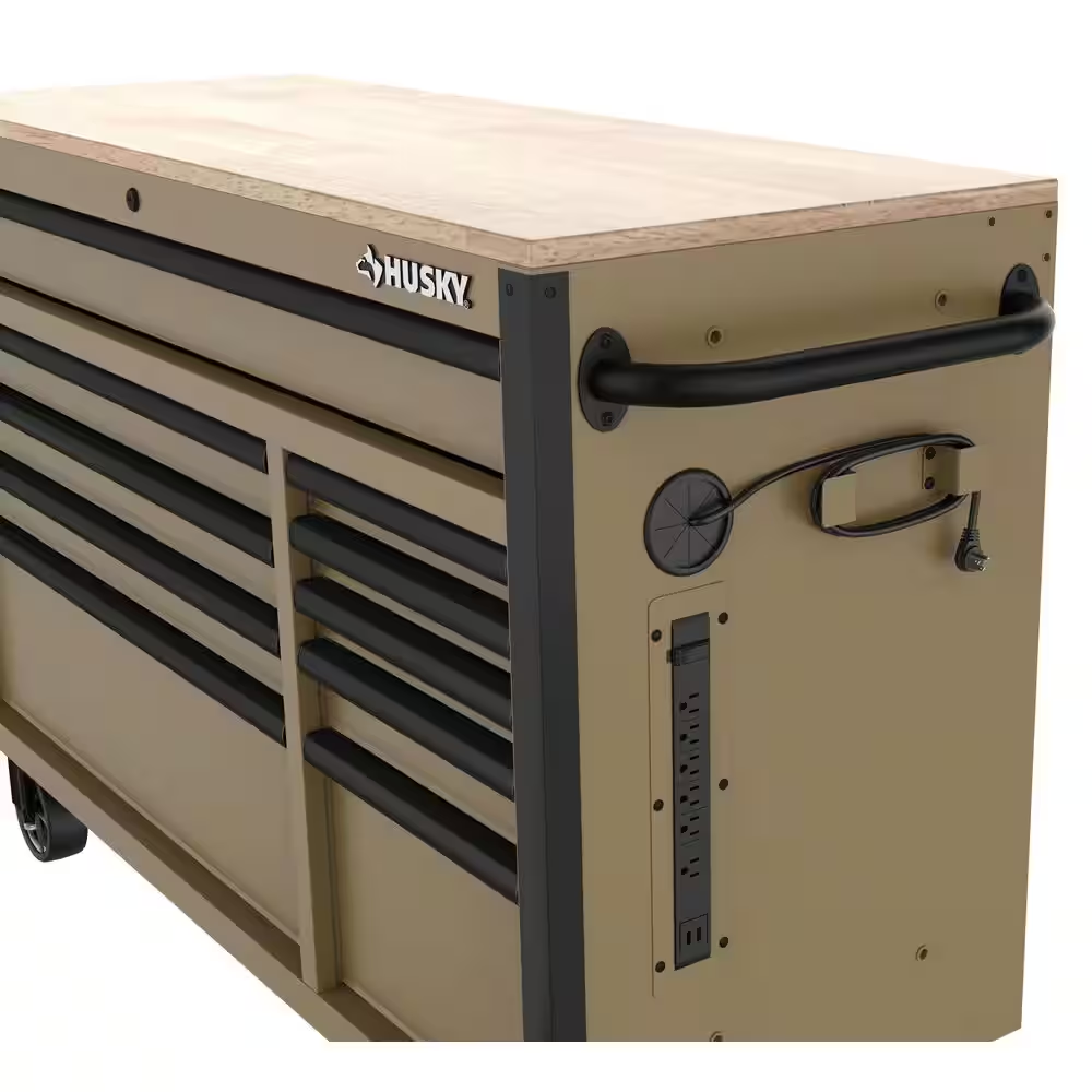 Standard-Duty 52 In. W 10-Drawer Matte Tan Mobile Workbench Cabinet with Solid Wood Top