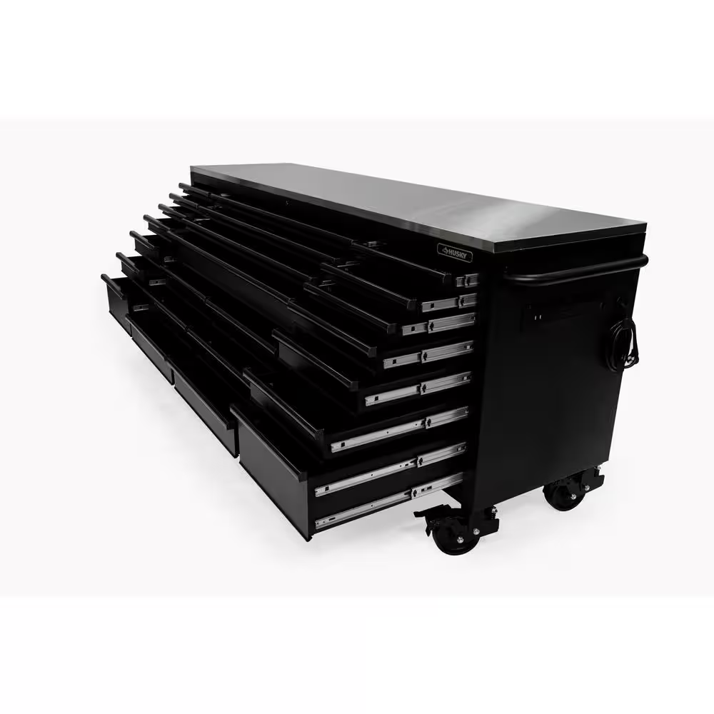 Tool Storage Heavy Duty 96 In. W X 24 In. D Matte Black Mobile Workbench Cabinet with Stainless Steel Top