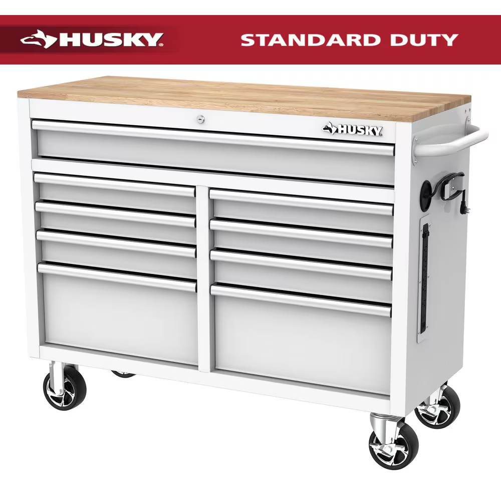 Tool Storage 46 In. W X 18 In. D 9-Drawer Gloss White Mobile Workbench Cabinet