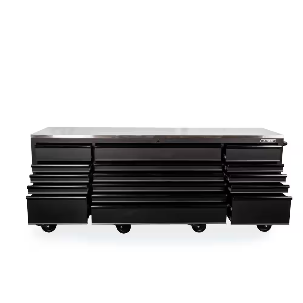 96 In. W X 24 In. D 16-Drawer Heavy-Duty Mobile Workbench with Stainless Steel Top in Matte Black