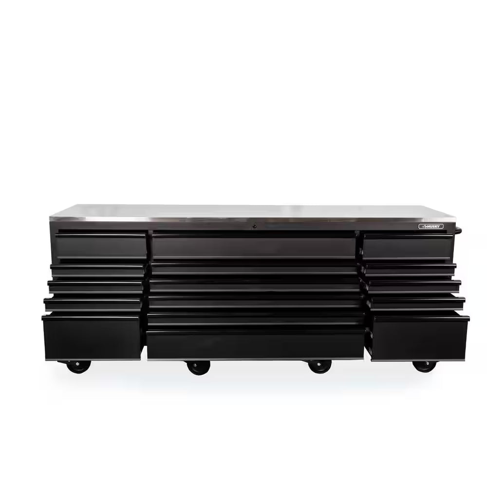96 In. W X 24 In. D 16-Drawer Heavy-Duty Mobile Workbench with Stainless Steel Top in Matte Black