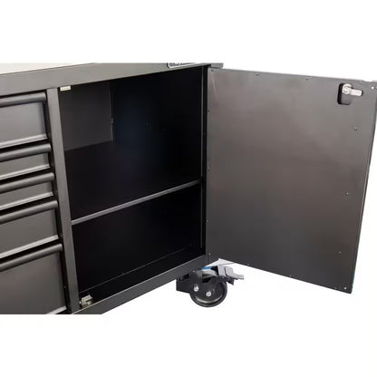 108 In. W X 24 In. D 9-Drawer Heavy-Duty Mobile Workbench with Stainless Steel Top in Matte Black