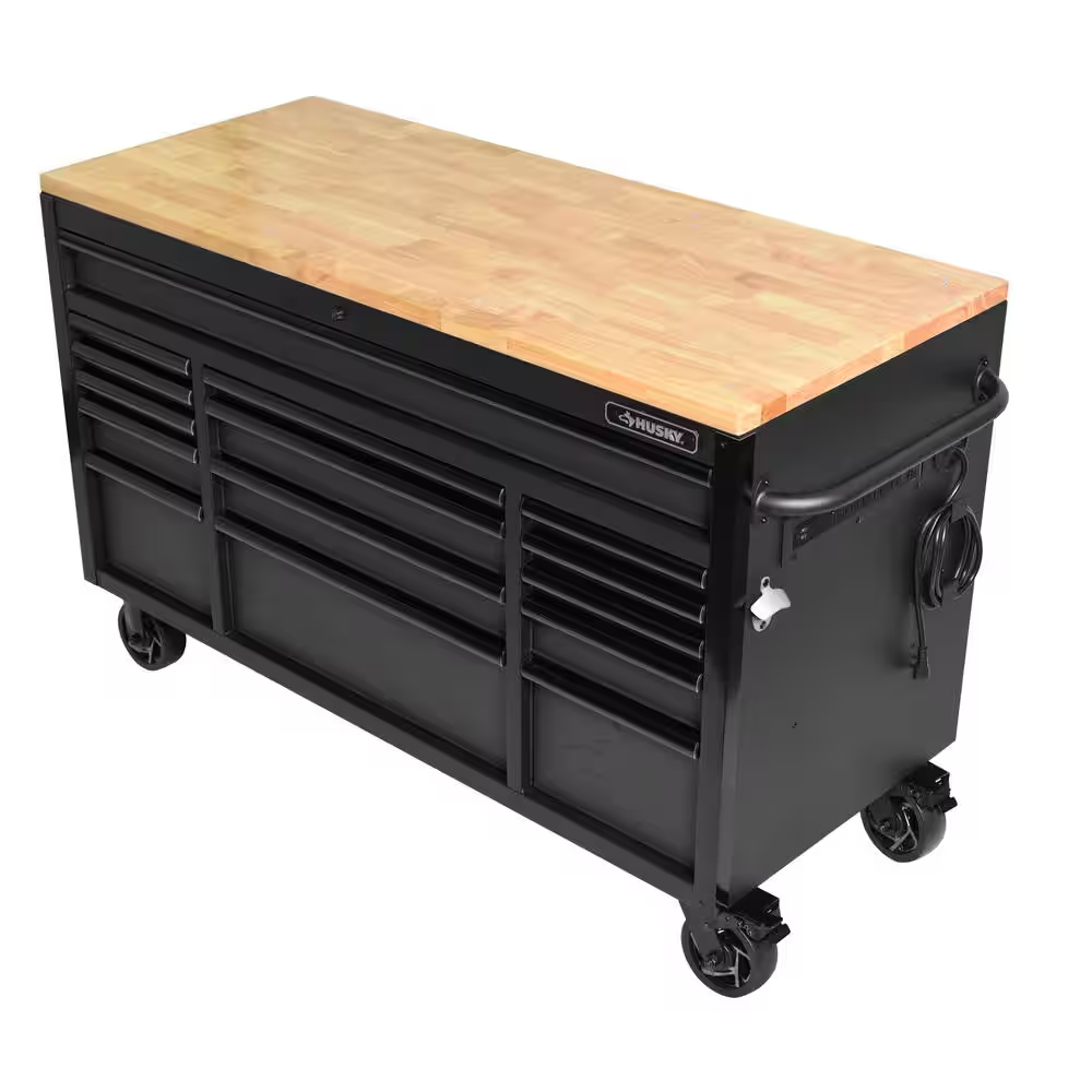 61 In. W X 23 In. D Heavy Duty 15-Drawer Mobile Workbench Tool Chest with Solid Wood Top in Matte Black