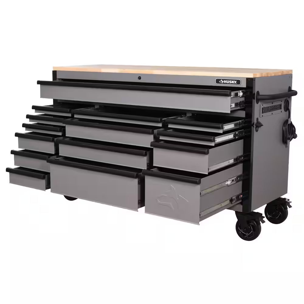 Heavy Duty 61 In. W X 23 In. D 15-Drawer Matte Gray Mobile Workbench Cabinet with Solid Wood Top