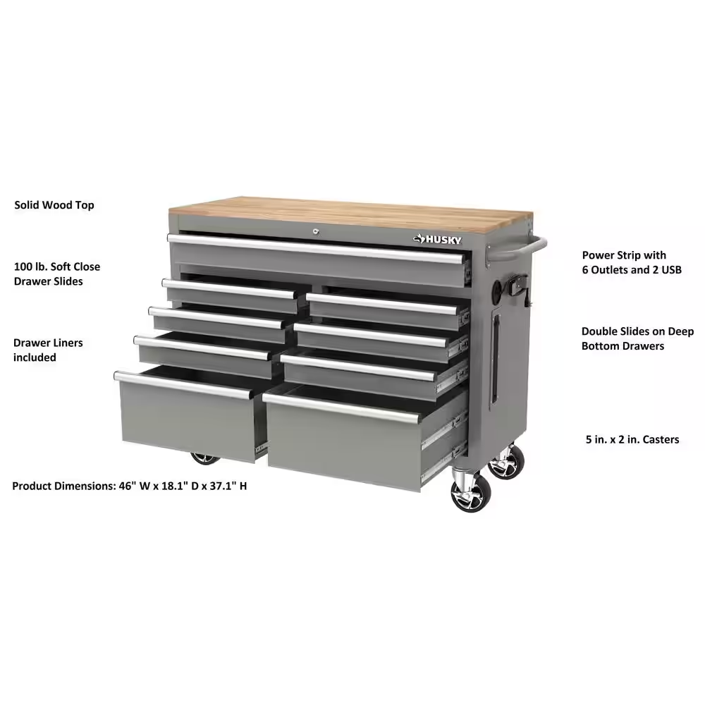 Tool Storage 46 In. W Gloss Gray Mobile Workbench Cabinet