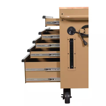 Standard Duty 46 In. W X 18 In. D 9-Drawer Gloss Tan Mobile Workbench Cabinet with Solid Wood Top