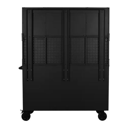 56 In. W X 27.6 In. D 10-Drawer Matte Black Heavy-Duty Mobile Workbench with Pegboard and Top Cabinets
