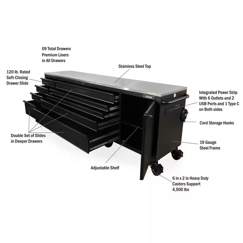 108 In. W X 24 In. D 9-Drawer Heavy-Duty Mobile Workbench with Stainless Steel Top in Matte Black
