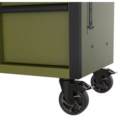 Standard-Duty 52 In. W 10-Drawer Matte Army Green Mobile Workbench Cabinet with Solid Wood Top