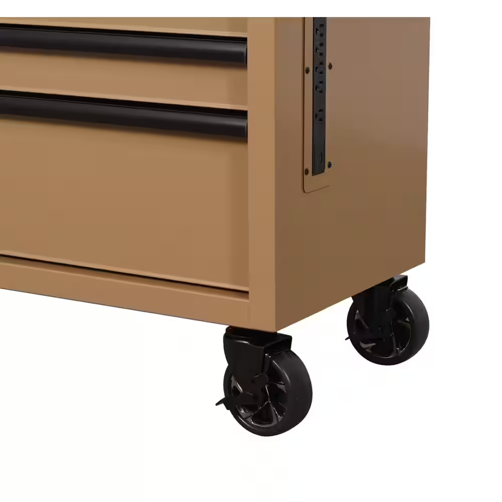 Standard Duty 46 In. W X 18 In. D 9-Drawer Gloss Tan Mobile Workbench Cabinet with Solid Wood Top