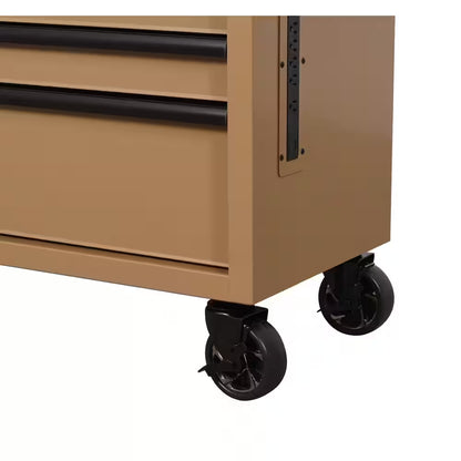 Standard Duty 46 In. W X 18 In. D 9-Drawer Gloss Tan Mobile Workbench Cabinet with Solid Wood Top