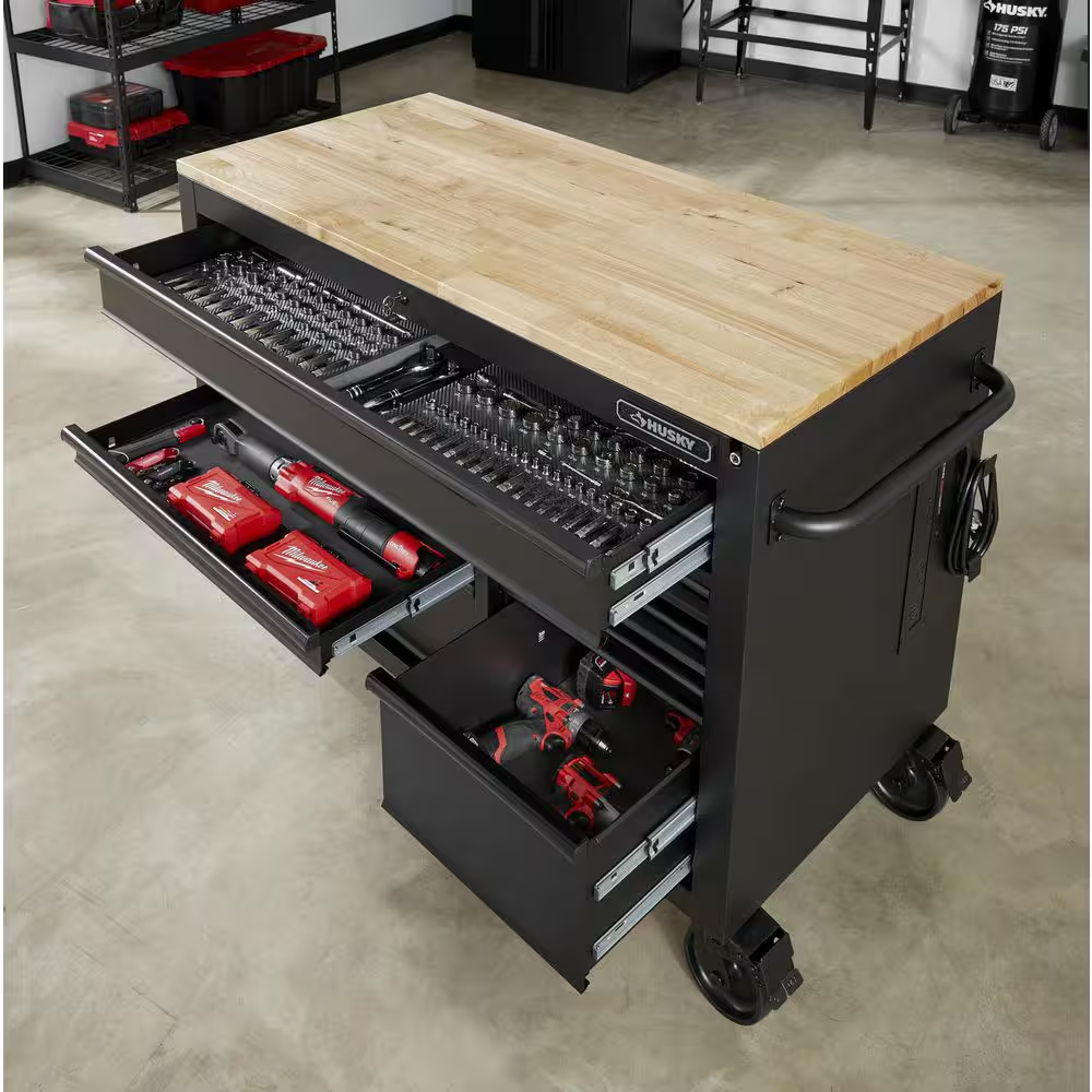 52 In. W X 25 In. D Heavy Duty 9-Drawer Mobile Workbench Cabinet with Adjustable-Height Hardwood Top in Matte Black
