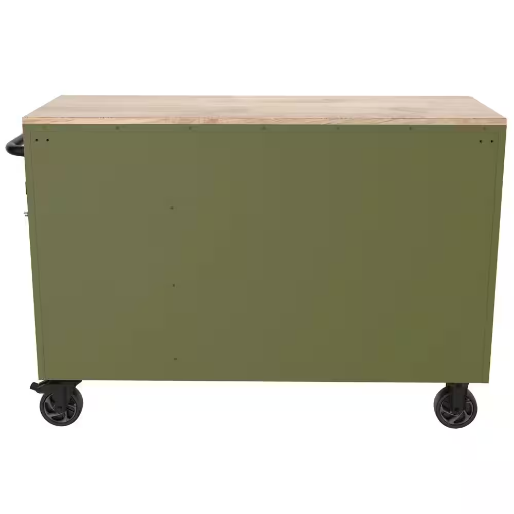 Standard-Duty 52 In. W 10-Drawer Matte Army Green Mobile Workbench Cabinet with Solid Wood Top