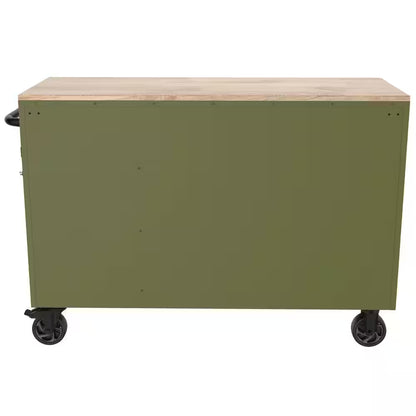 Standard-Duty 52 In. W 10-Drawer Matte Army Green Mobile Workbench Cabinet with Solid Wood Top